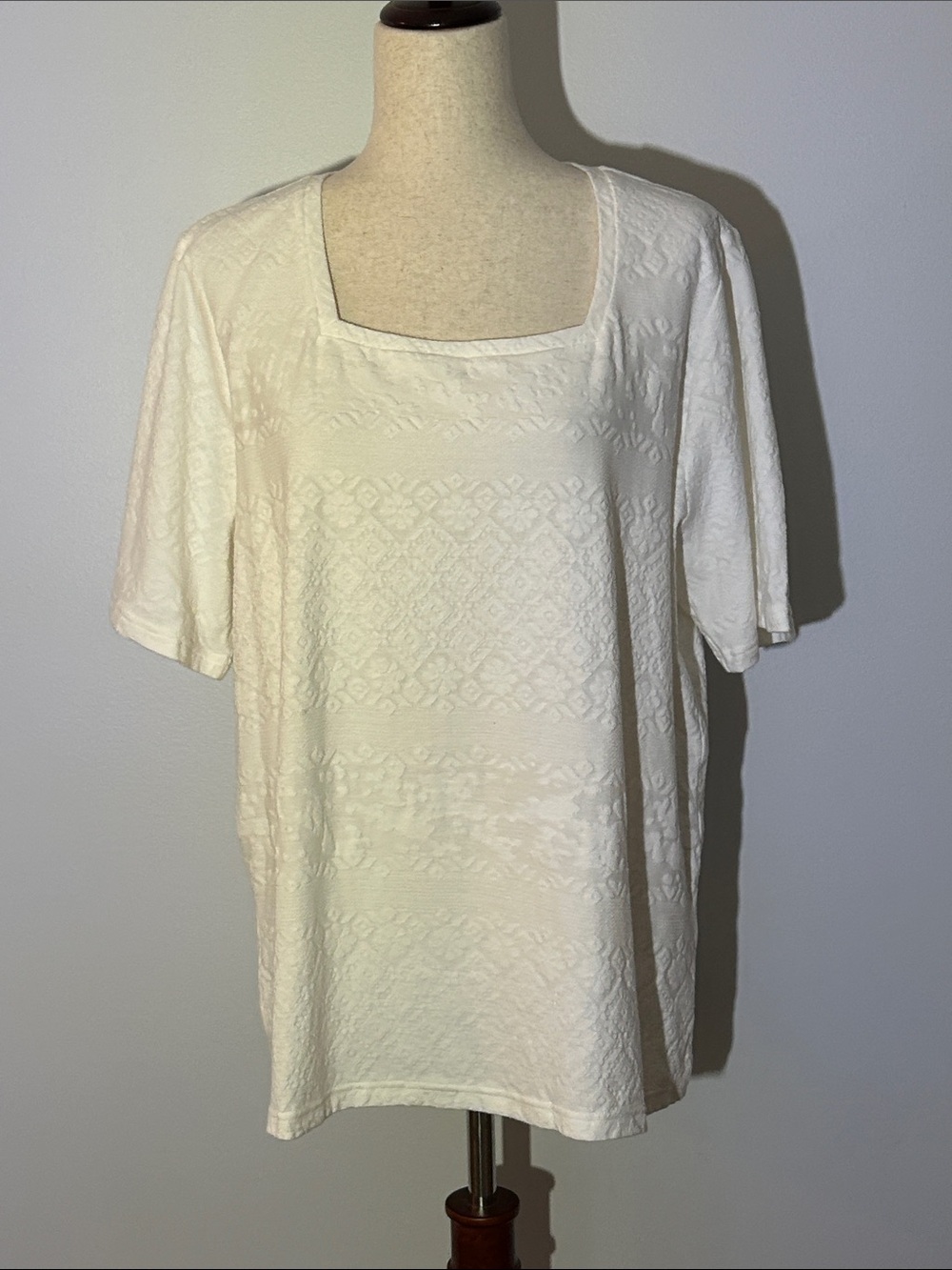 CJ Banks White Textured Square Neck Short Sleeve Top